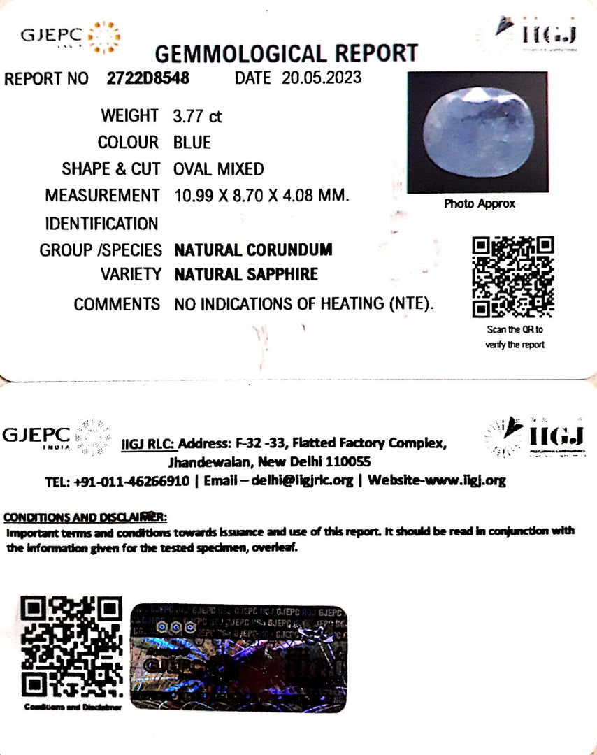 3.77/CT Natural Blue Sapphire with Govt Lab Certificate (6771)