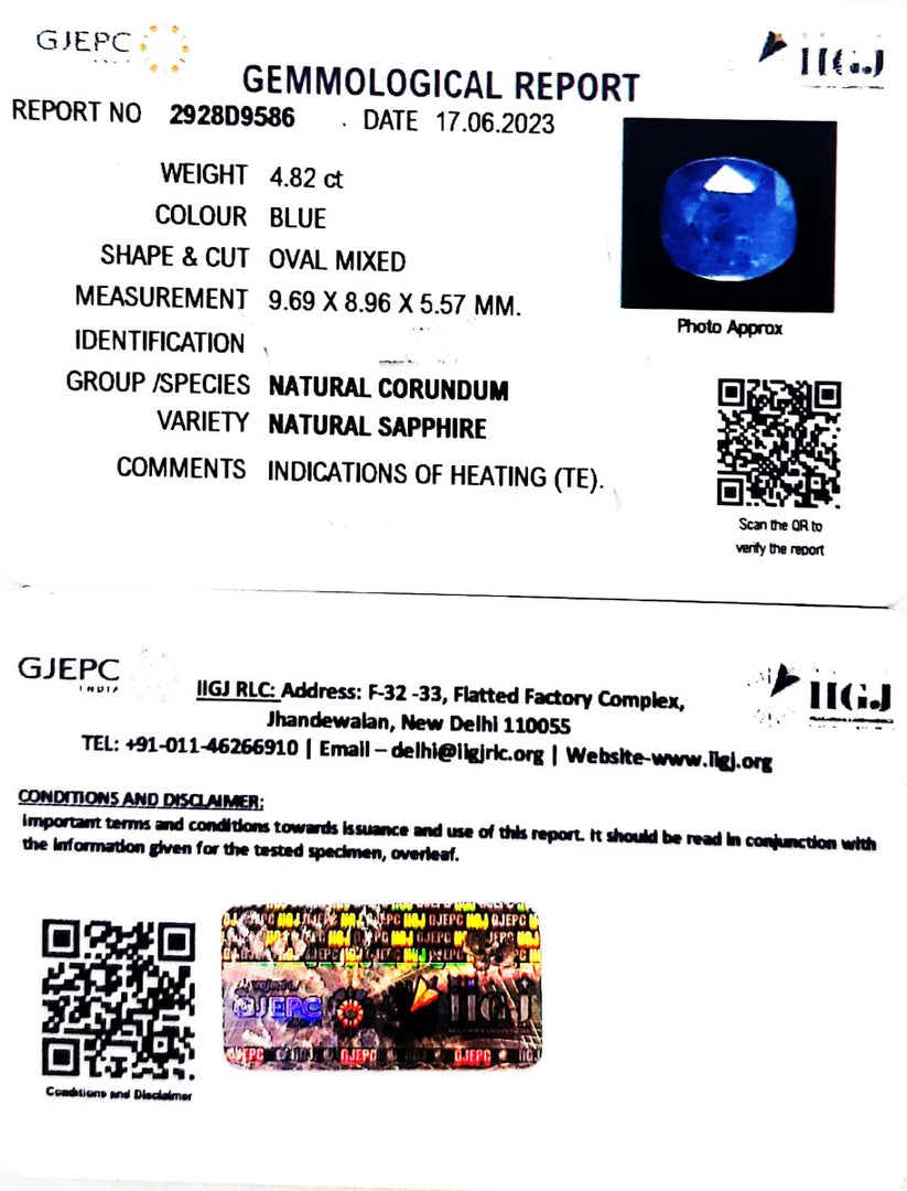 4.82/CT Natural Blue Sapphire with Govt Lab Certificate (8991)