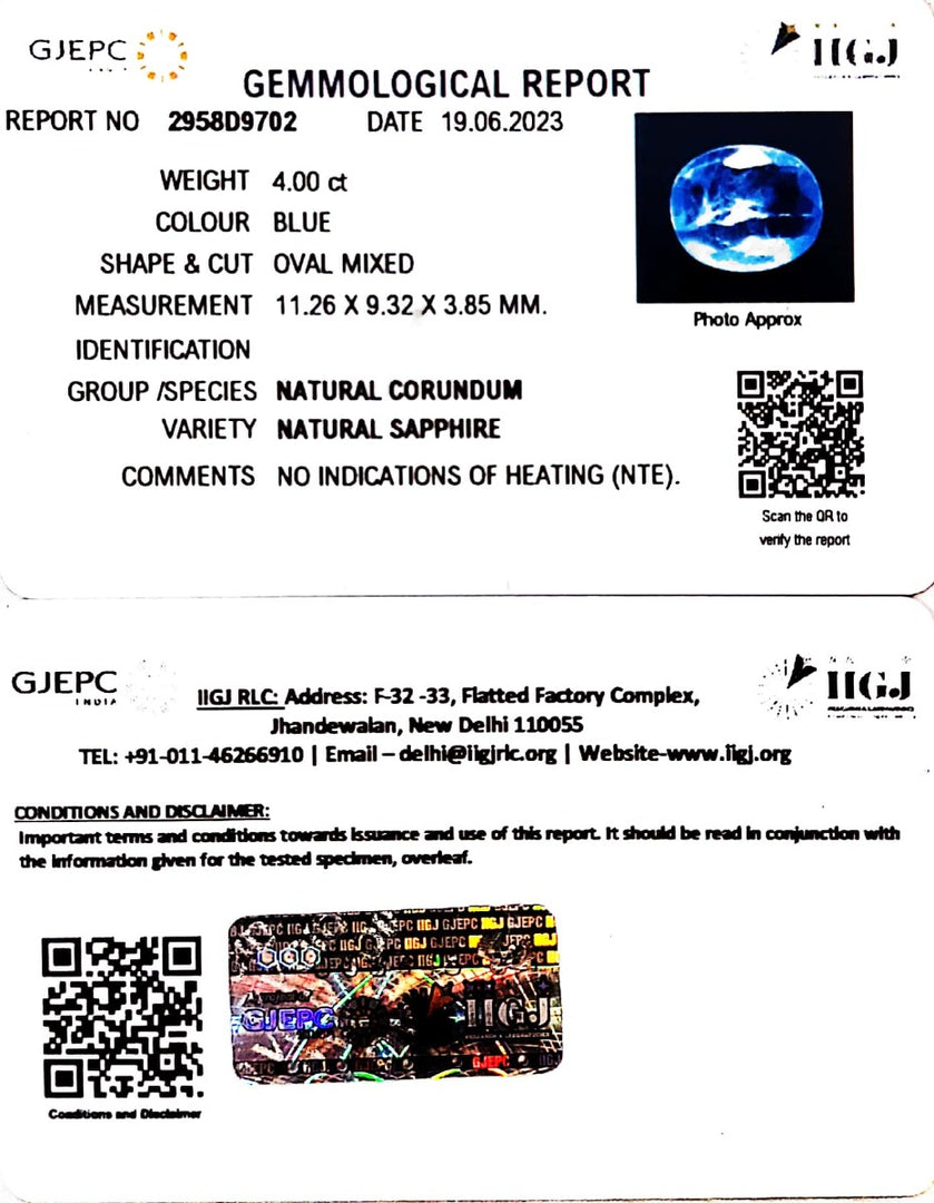 4.00/CT Natural Blue Sapphire with Govt Lab Certificate (8991)