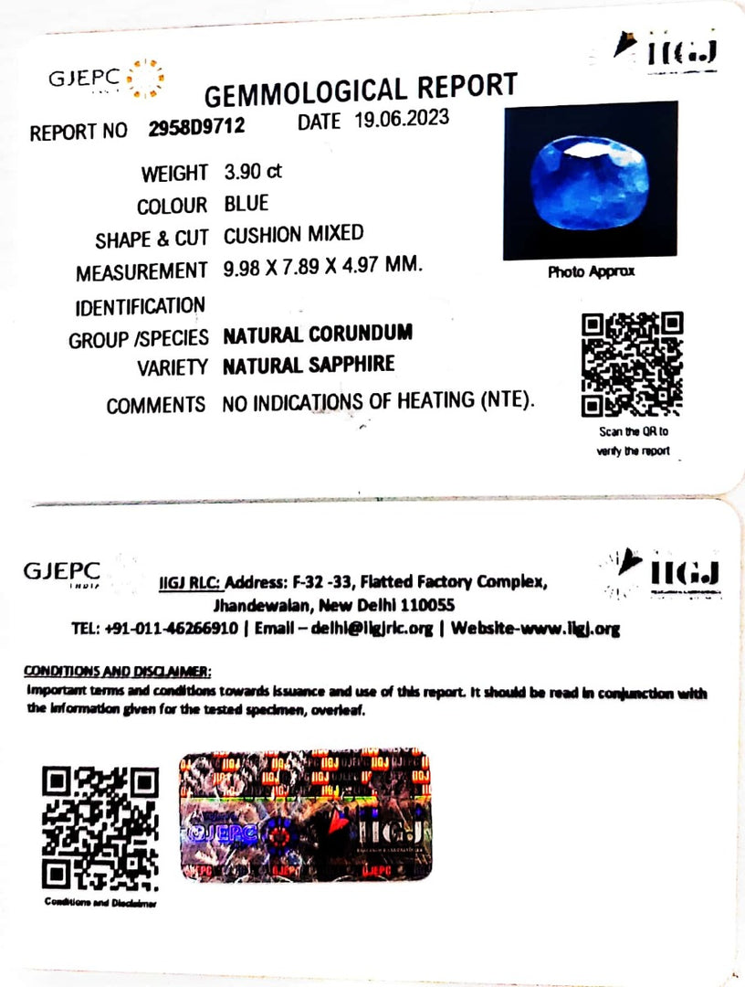 3.90/CT Natural Blue Sapphire with Govt Lab Certificate (6771)