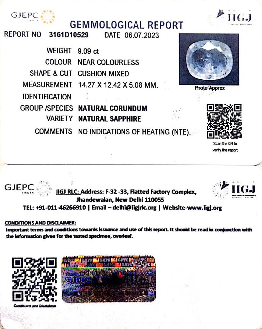 9.09/CT Natural White Sapphire with Govt Lab Certificate (4551)