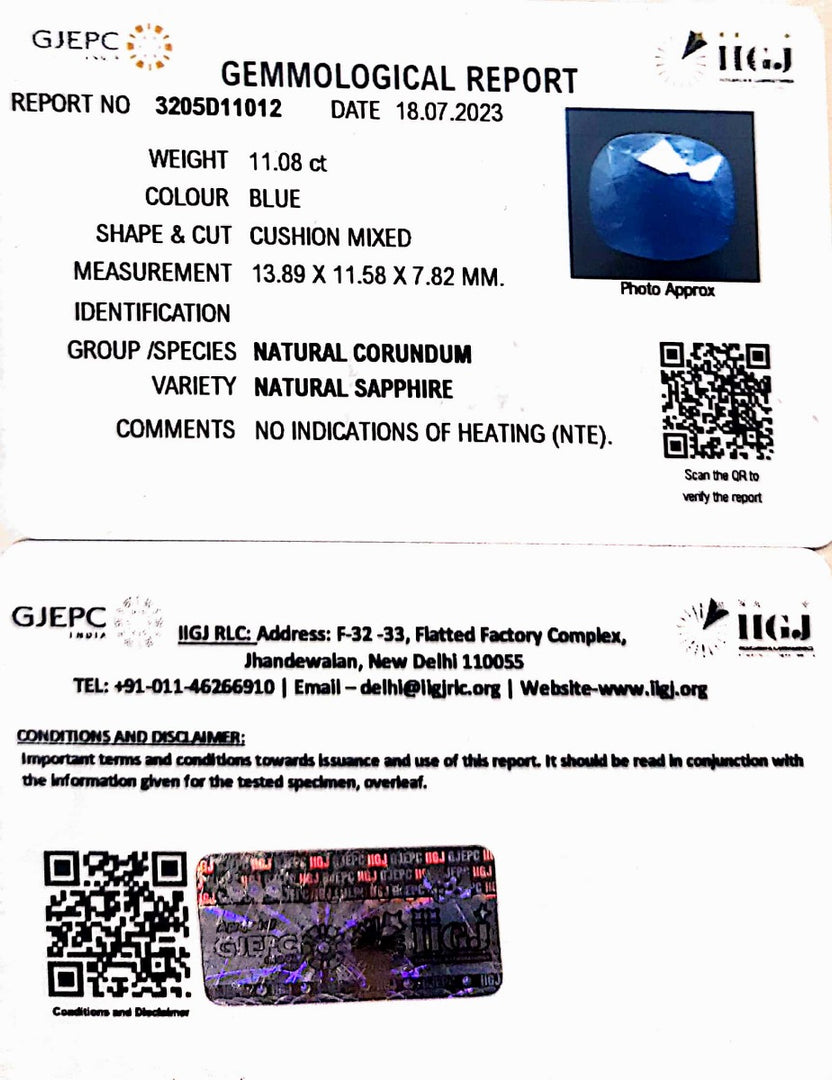 11.08/CT Natural Blue Sapphire with Govt Lab Certificate (4551)
