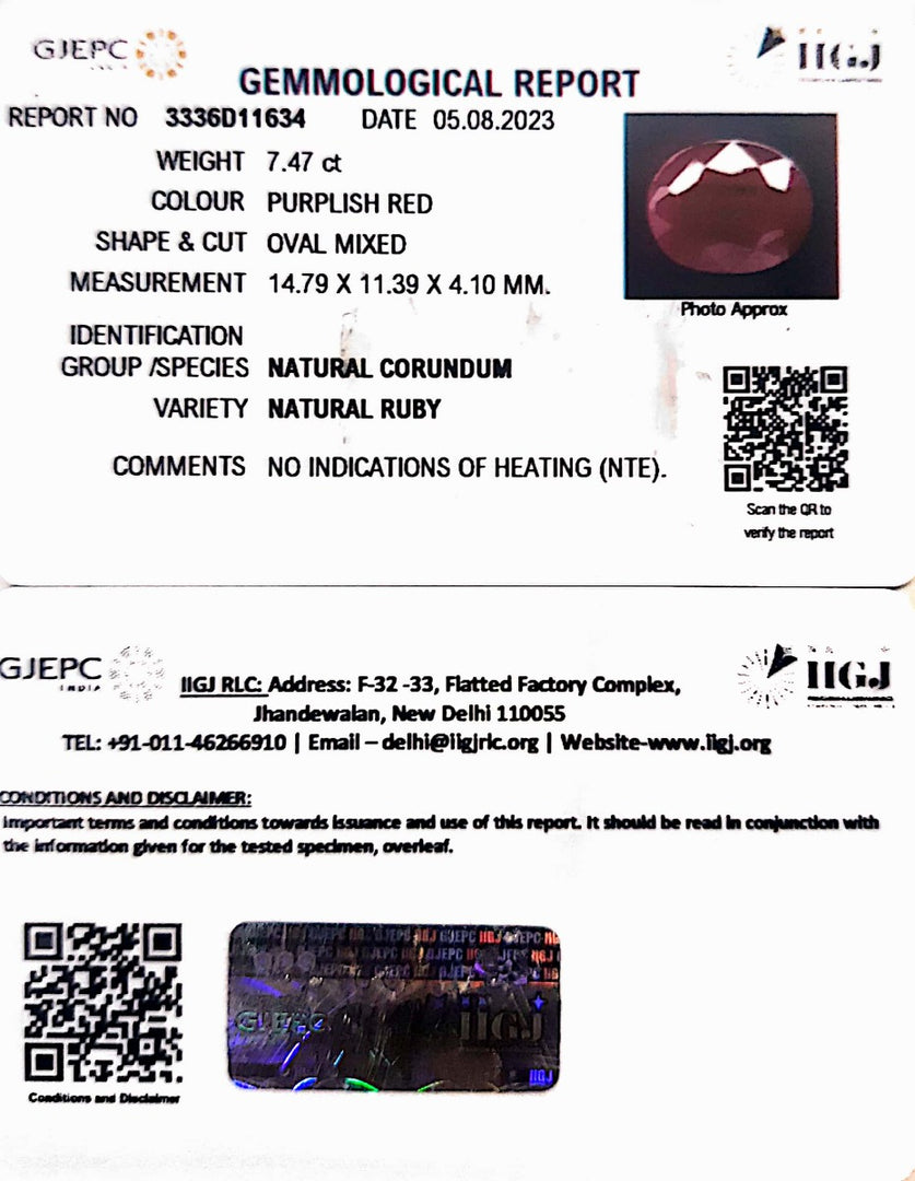 7.47/CT Natural Mozambique Ruby with Govt. Lab Certificate (RUBY9W)