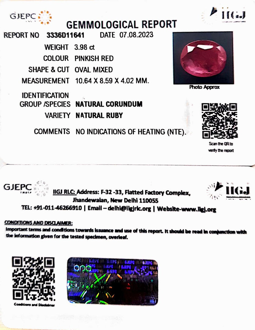 3.98/CT Natural Mozambique Ruby with Govt. Lab Certificate (RUBY9W)