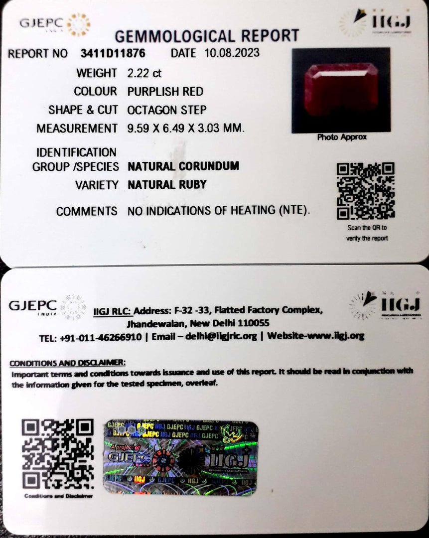 2.22/CT Natural Mozambique Ruby with Govt. Lab Certificate (7881)