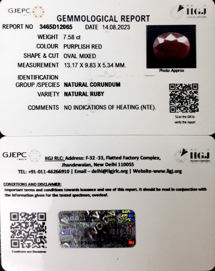 7.57/CT Natural Neo Burma Ruby with Govt. Lab Certificate (3441)