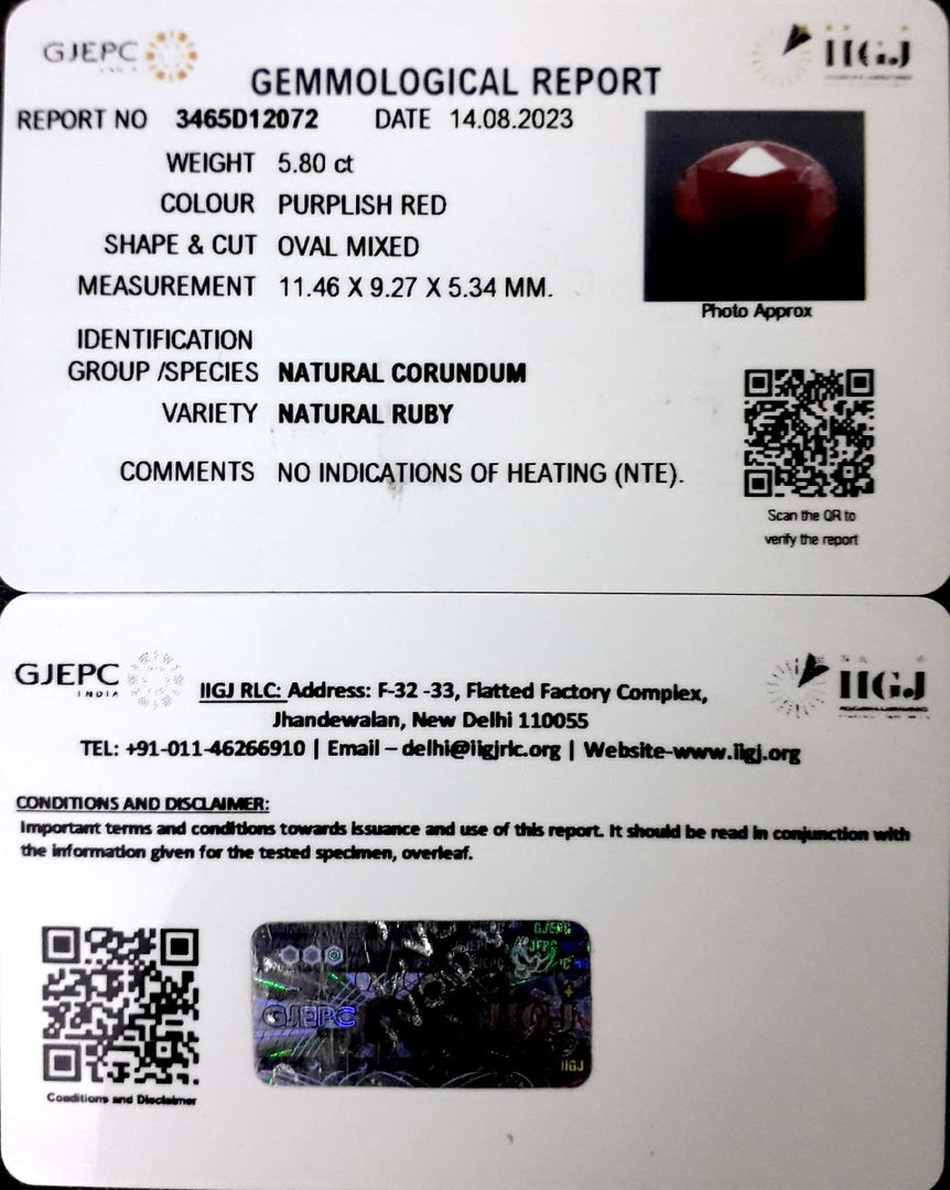 5.80/CT Natural Neo Burma Ruby with Govt. Lab Certificate (2331)