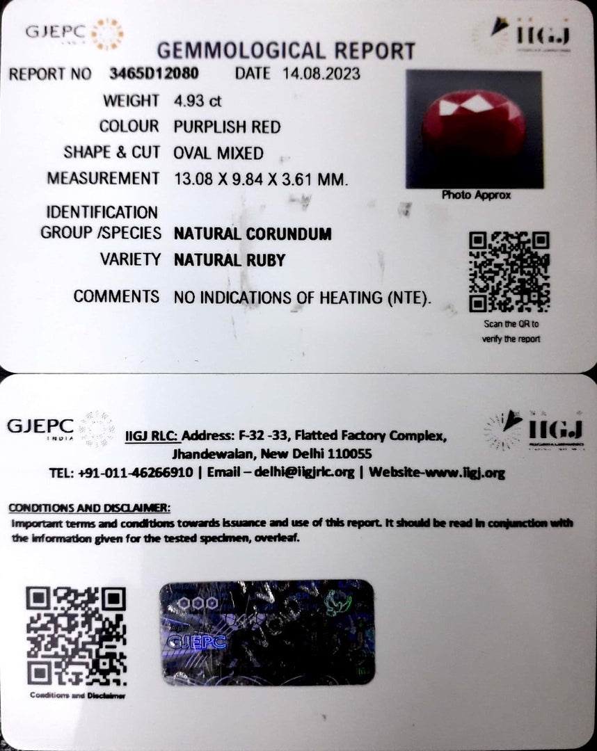 4.93/CT Natural Neo Burma Ruby with Govt. Lab Certificate (3441)