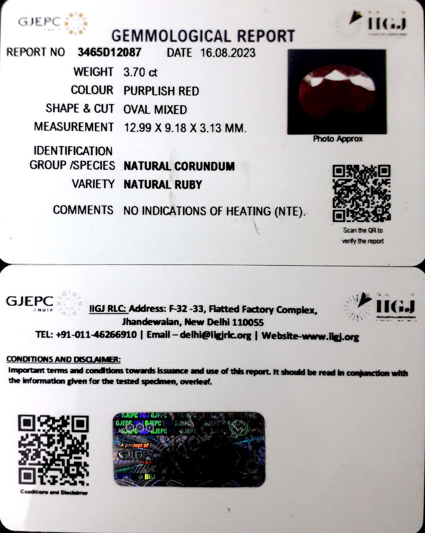 3.70/CT Natural Neo Burma Ruby with Govt. Lab Certificate (4551)