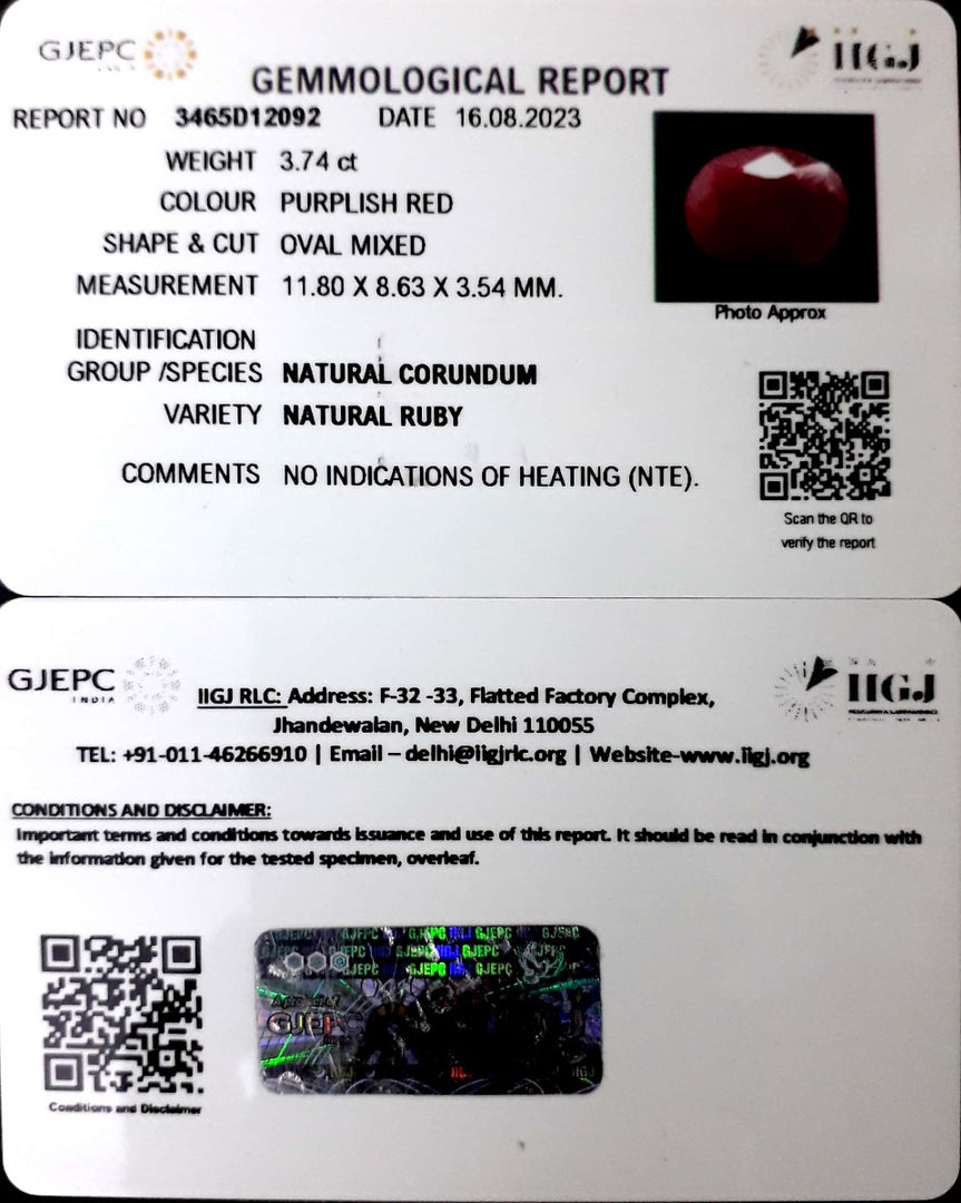 3.74/CT Natural Neo Burma Ruby with Govt. Lab Certificate (4551)