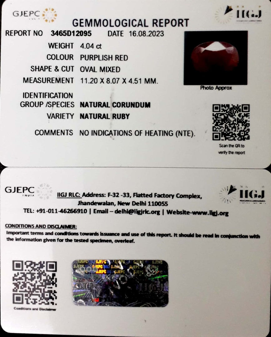 4.04/CT Natural Neo Burma Ruby with Govt. Lab Certificate (4551)