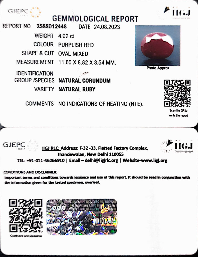4.02/CT Natural Neo Burma Ruby with Govt. Lab Certificate (3441)