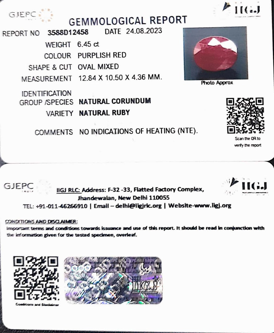 6.45/CT Natural Neo Burma Ruby with Govt. Lab Certificate (3441)