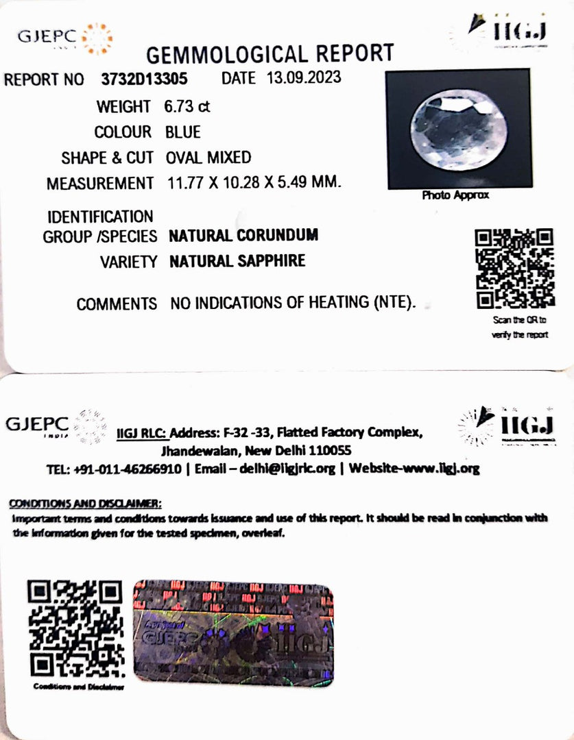 6.73/CT Natural Blue Sapphire with Govt Lab Certificate (23310)