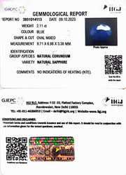 2.11/Carat Natural Blue Sapphire with Govt Lab Certificate (8991)