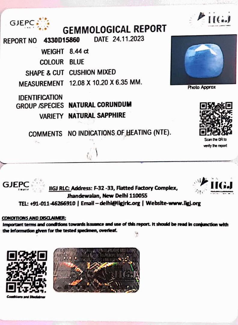 8.44/Carat Natural Blue Sapphire with Govt Lab Certificate (4551)