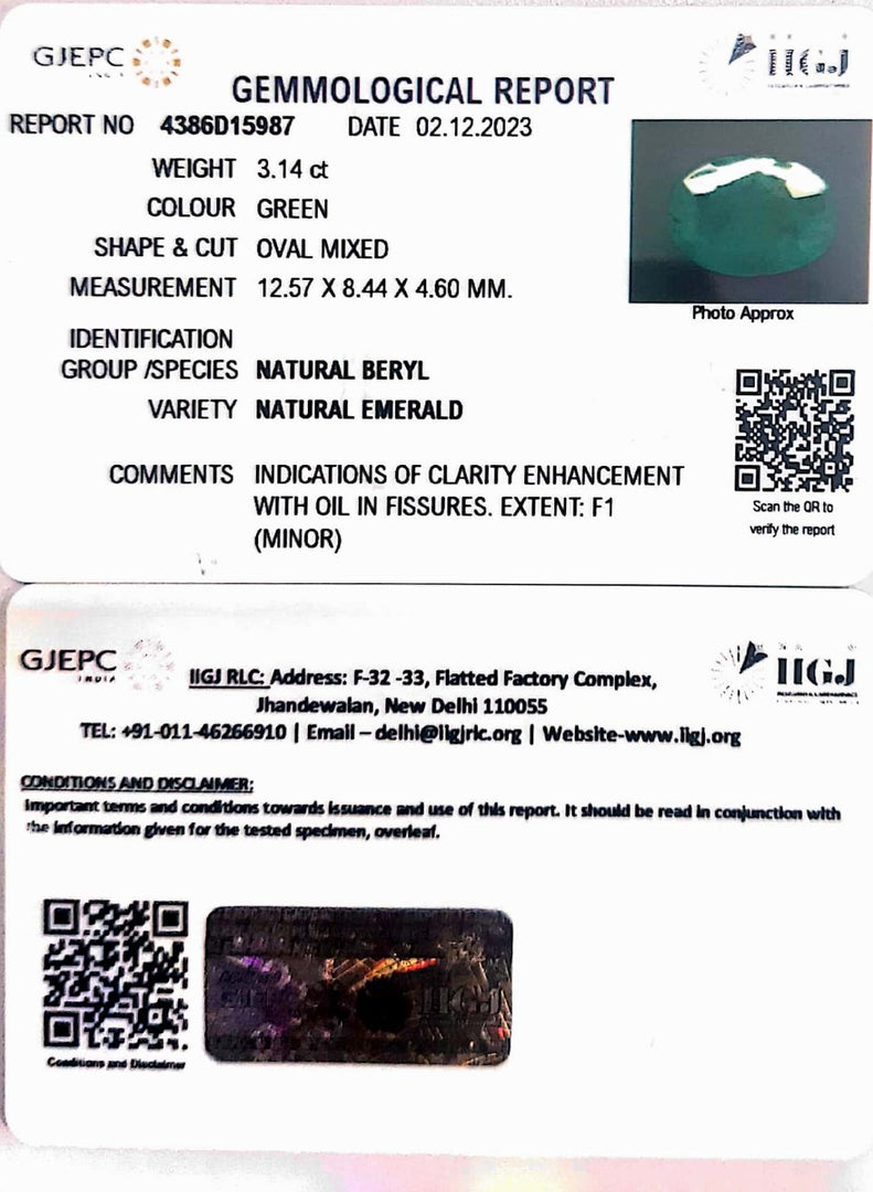 3.14/CT Natural Panna Stone with Govt. Lab Certificate  (23310)