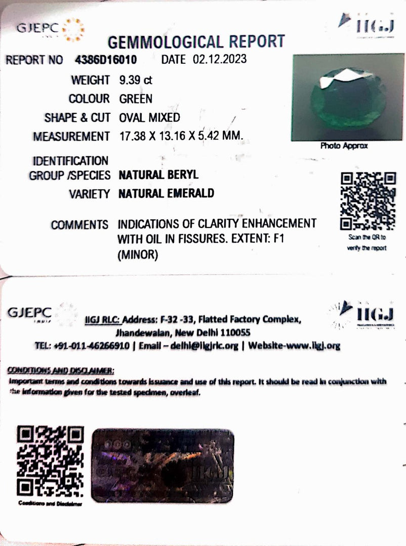 9.39/CT Natural Panna Stone with Govt. Lab Certificate  (12210)