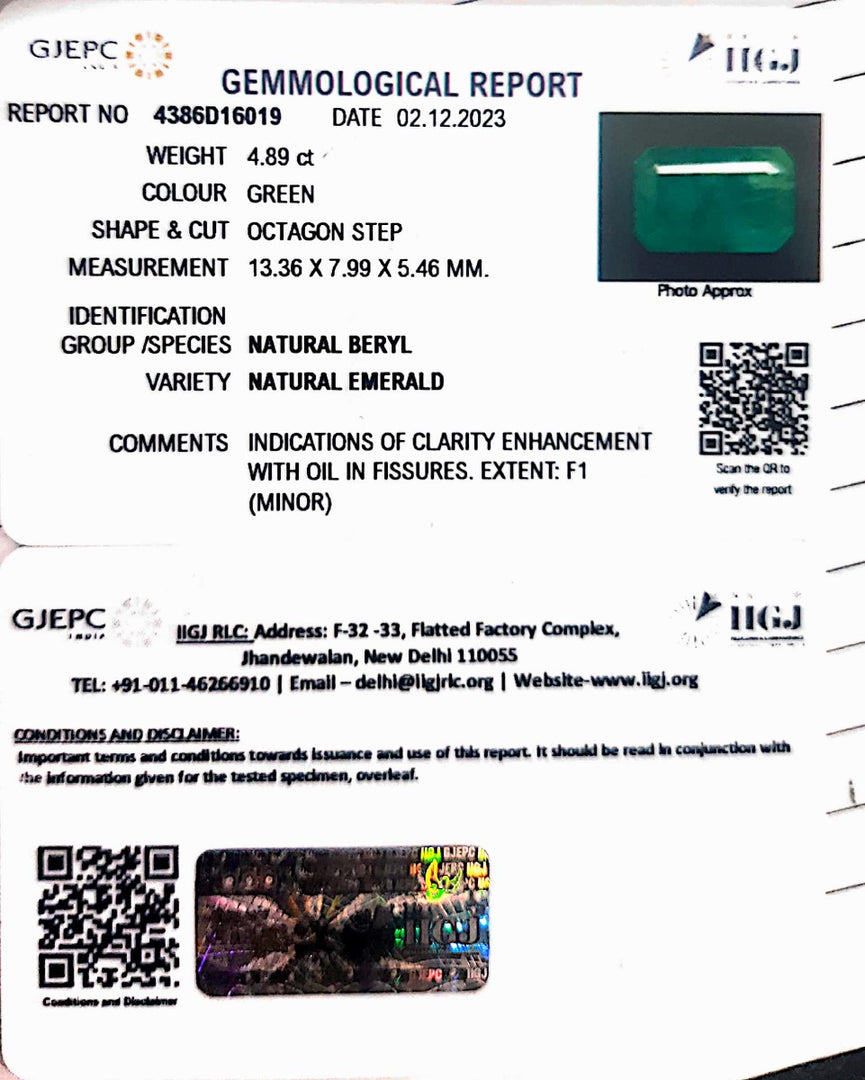 4.89/CT Natural Panna Stone with Govt. Lab Certificate (12210)