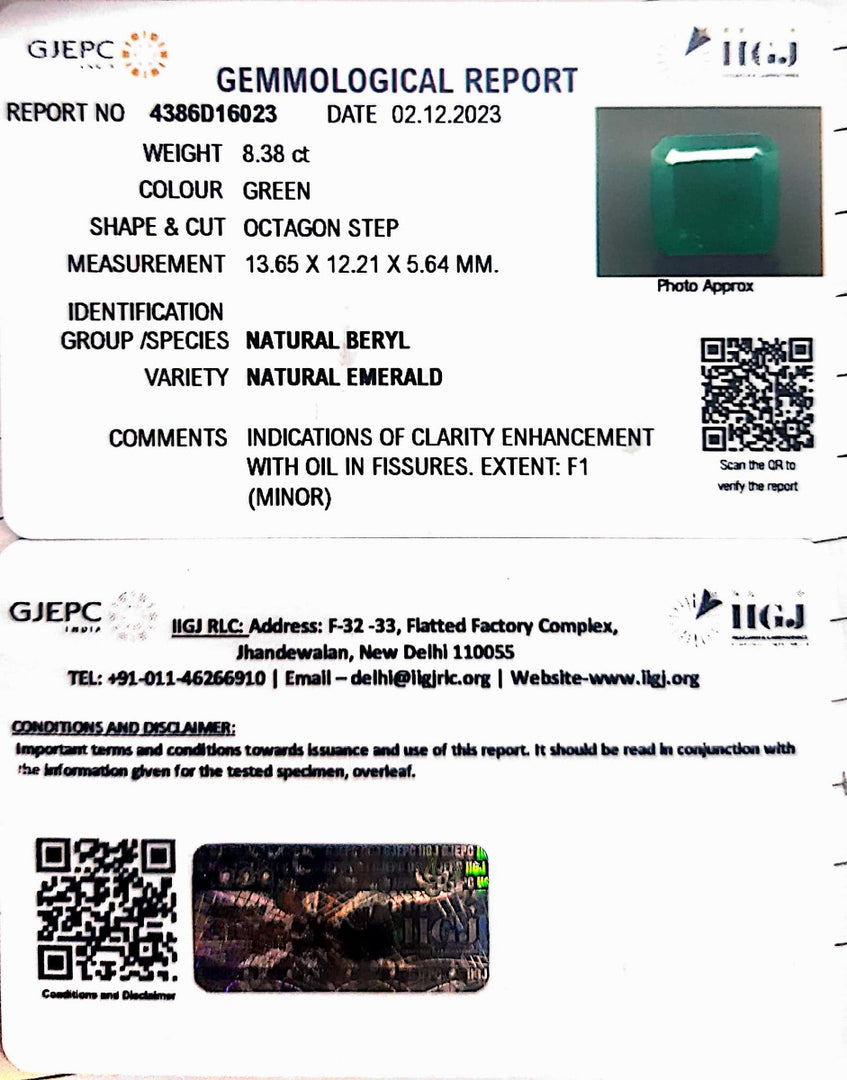 8.38/CT Natural Panna Stone with Govt. Lab Certificate  (12210)