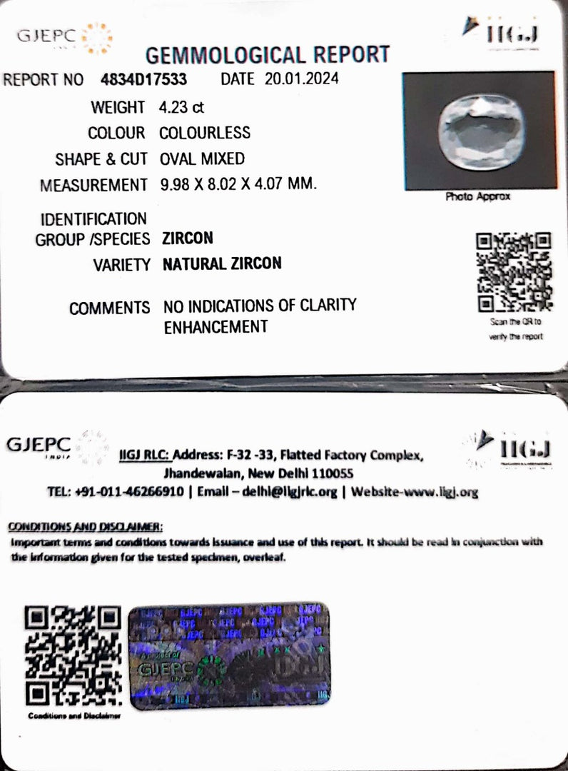 4.23/CT Natural Zircon with Govt. Lab certificate (4551)