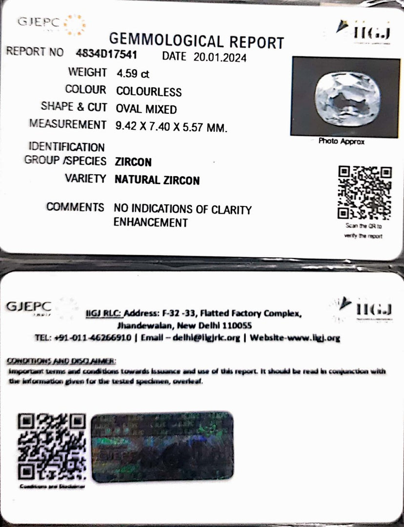 4.59/CT Natural Zircon with Govt. Lab certificate (4551)