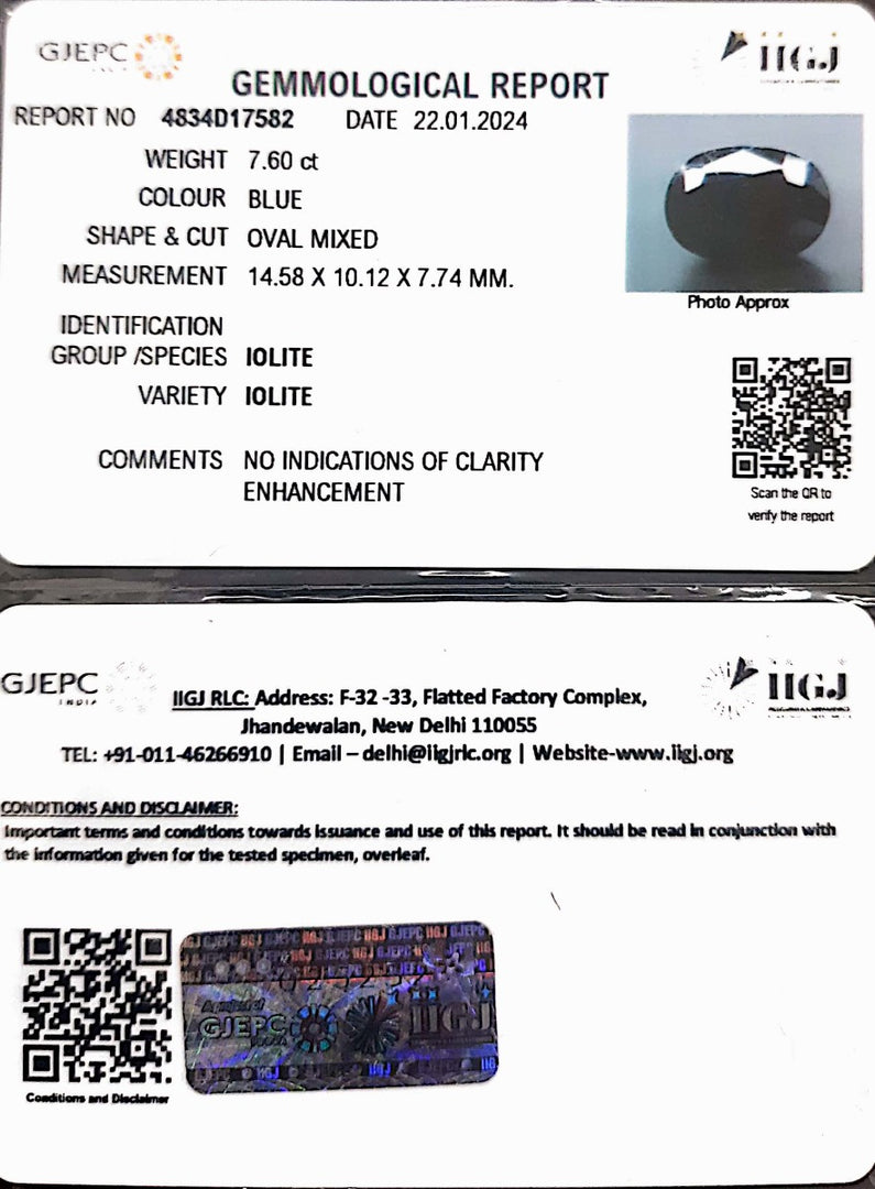 7.60/CT Natural Iolite with Govt Lab Certificate (1221)