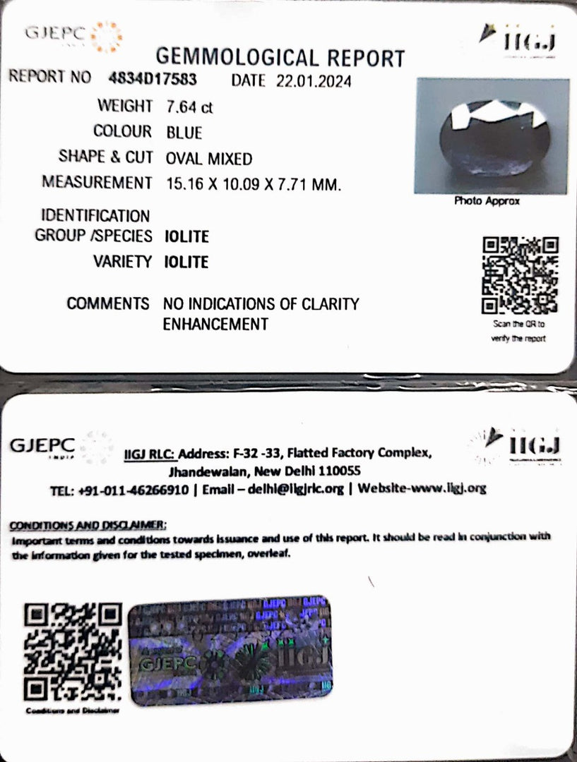 7.64/CT Natural Iolite with Govt Lab Certificate (1221)