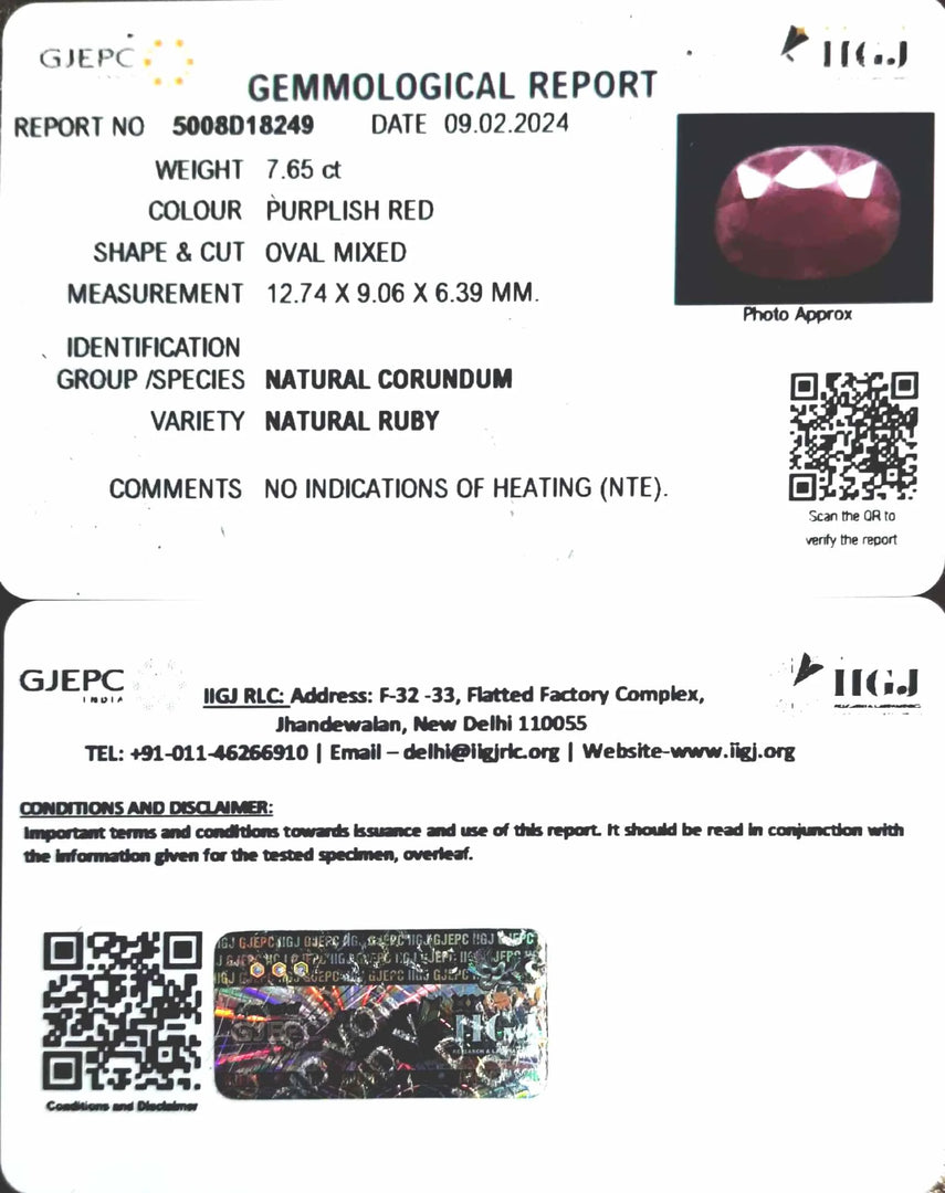 7.65/CT Natural Ruby Stone with Govt. Lab Certificate-5008D18249