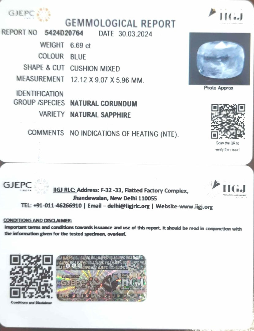 6.69/CT Natural Blue Sapphire with Govt Lab Certificate-34410