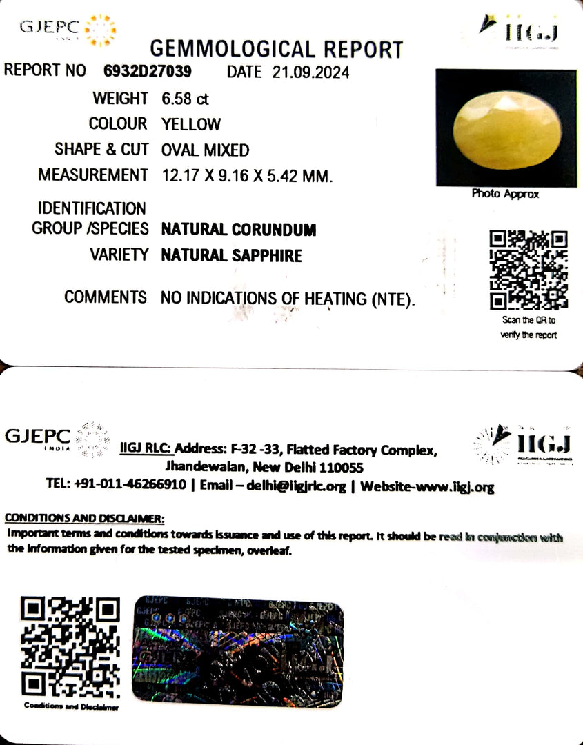 6.58/CT Natural Yellow Sapphire With Govt Lab Certificate