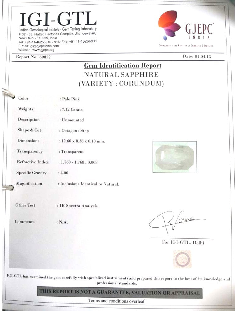 7.12/CT Natural Pink Sapphire with Govt Lab Certificate-(6771)