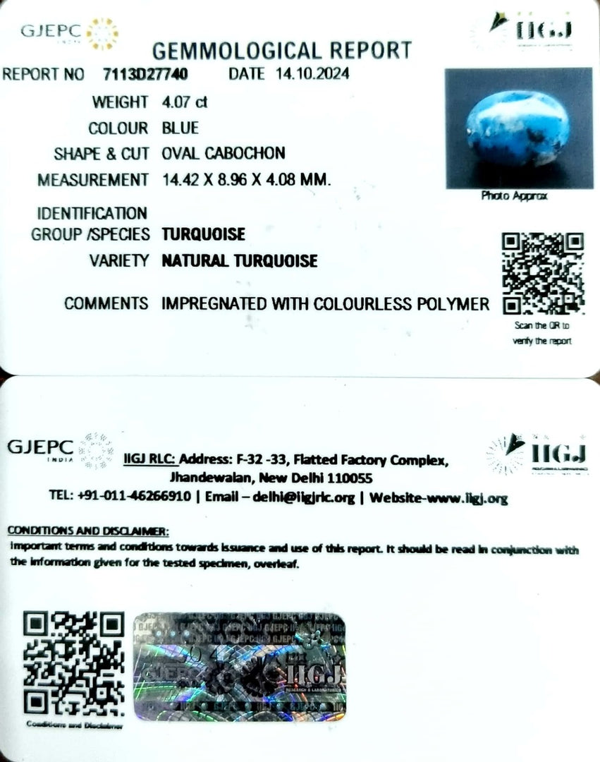 4.07/CT Natural Turquoise With Govt. Lab Certificate-1221