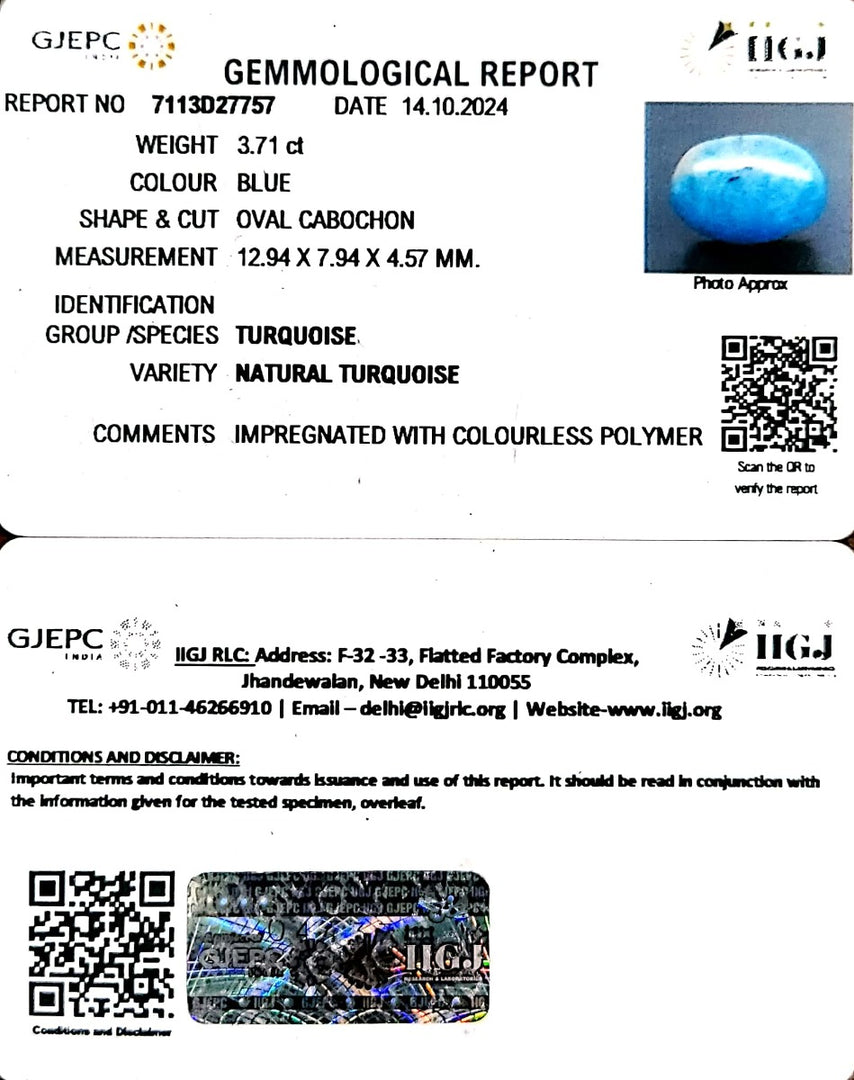 3.71/CT Natural Turquoise With Govt. Lab Certificate-1221