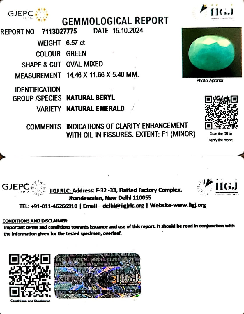 6.57/CT Natural Panna Stone with Govt. Lab Certificate-2331