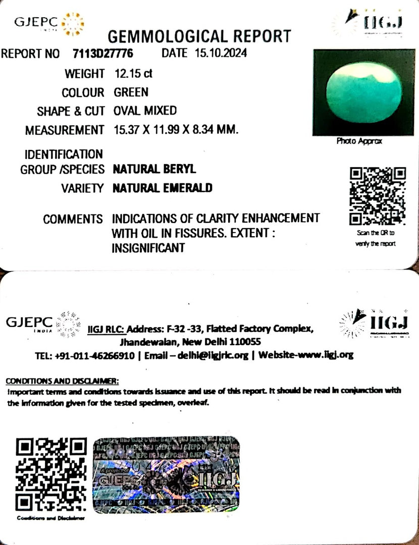 12.15/CT Natural Panna Stone with Govt. Lab Certificate-2331