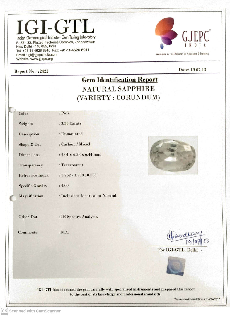 3.33/CT Natural Pink Sapphire with Govt Lab Certificate-(67710)