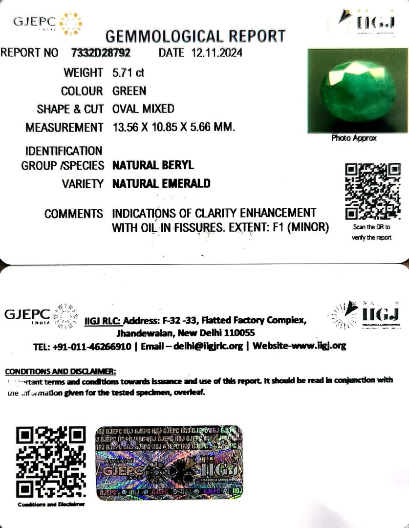 5.71/CT Natural Panna Stone with Govt. Lab Certificate-4551