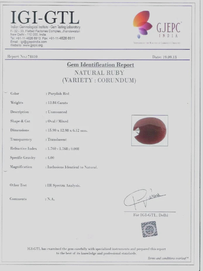 13.84/CT Natural Ruby with Govt. Lab Certificate-74410