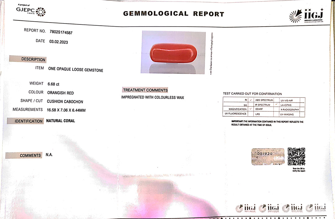 6.68/CT Natural Red Coral With Govt. Lab Certificate