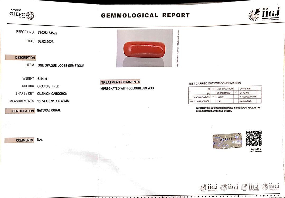6.44/CT Natural Red Coral With Govt. Lab Certificate