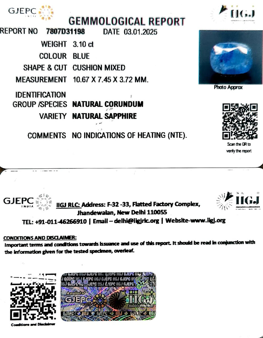 3.10/CT Natural Blue Sapphire with Govt Lab Certificate-6771