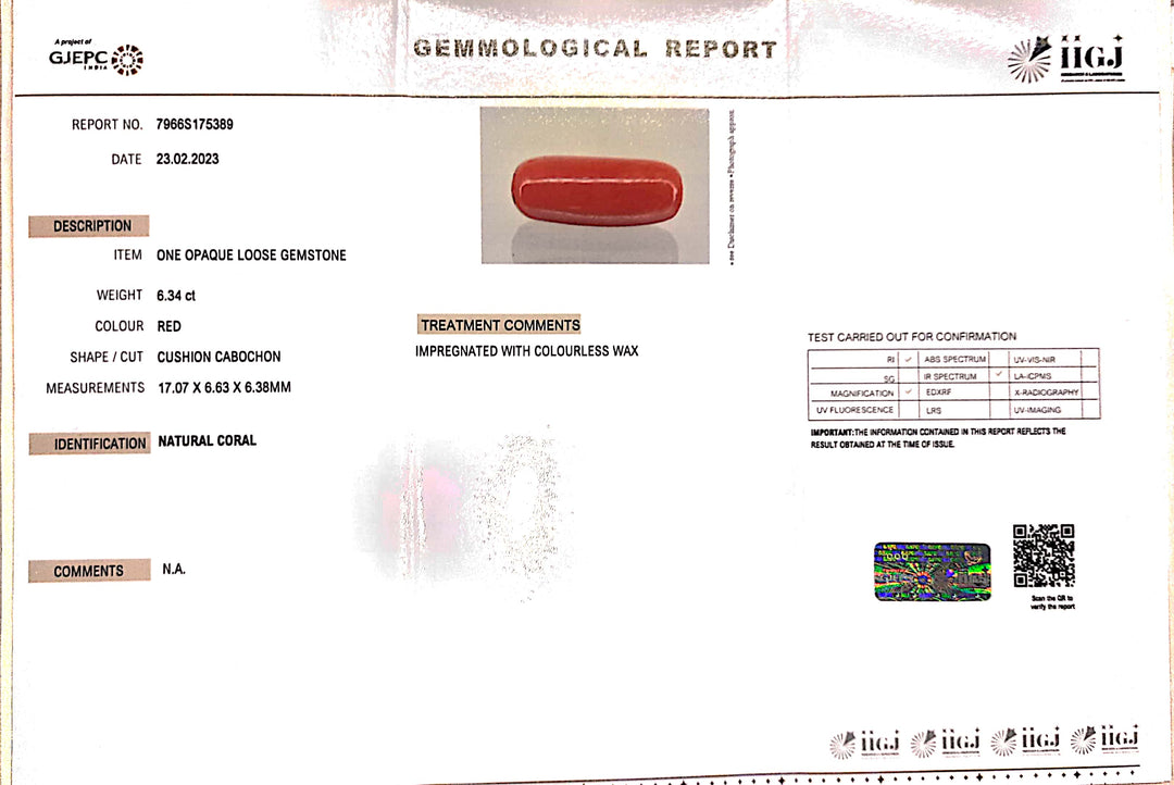 6.34/CT Natural Red Coral With Govt. Lab Certificate