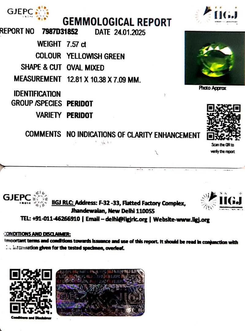 7.57/CT Natural Peridot With Govt. Lab Certificate-5661
