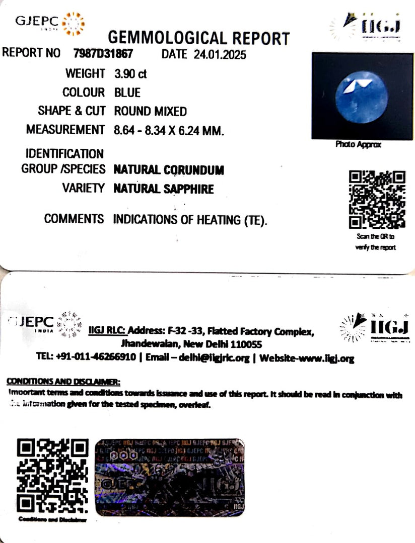 3.90/CT Natural Blue Sapphire with Govt Lab Certificate-8991