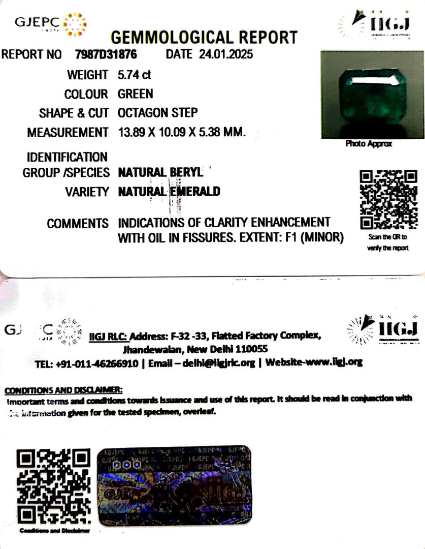 5.74/CT Natural Panna Stone with Govt. Lab Certificate-12210