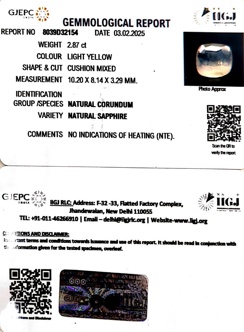 2.87/CT Natural Yellow Sapphire With Govt Lab Certificate