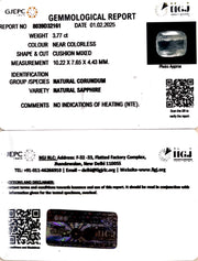 3.77/CT Natural White Sapphire with Govt Lab Certificate