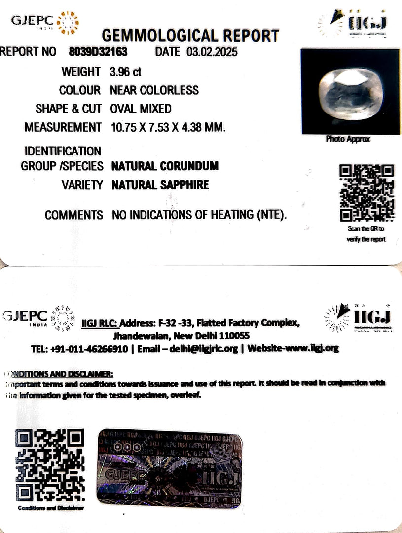 3.96/CT Natural White Sapphire with Govt Lab Certificate