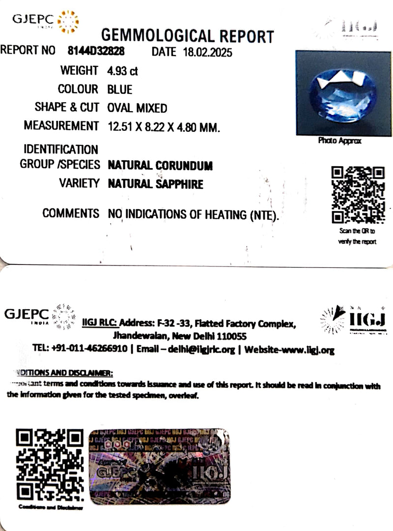 4.93/CT Natural Blue Sapphire With Govt Lab Certificate